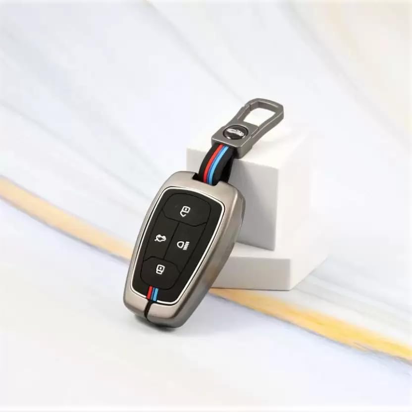 Metal Key Cover for Tata Car , 4-Button Smart Key Case with Metal Body and Keychain, Compatible with Nexon, Harrier, Safari, Punch, Altroz, Curvv, EV Models