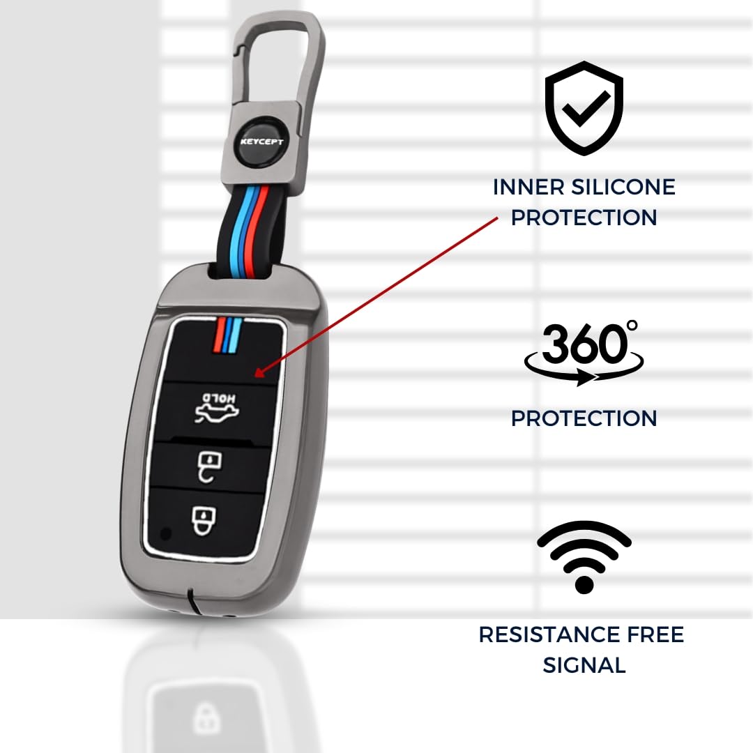 Premium Zinc Alloy Key Cover for Kia Sonet, Carens, Seltos, 3-Button Smart Key, 360° Protection with Inner Silicone