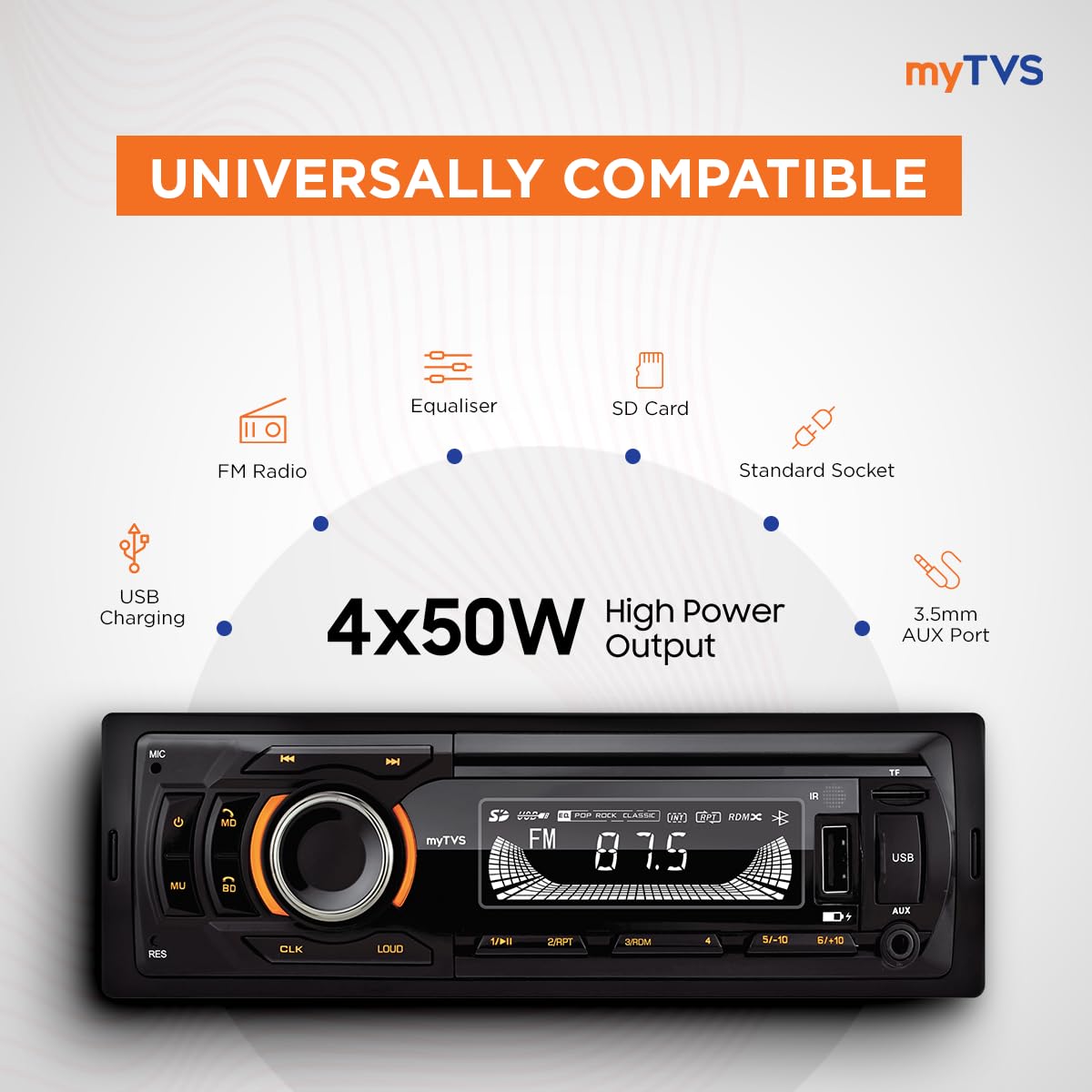 myTVS Universal Single DIN MP3 Media Player for All Cars | Car Music Player with Bluetooth| Car Stereo System (Music & Charging), AUX in, FM, Hands Free Calling & Remote Control