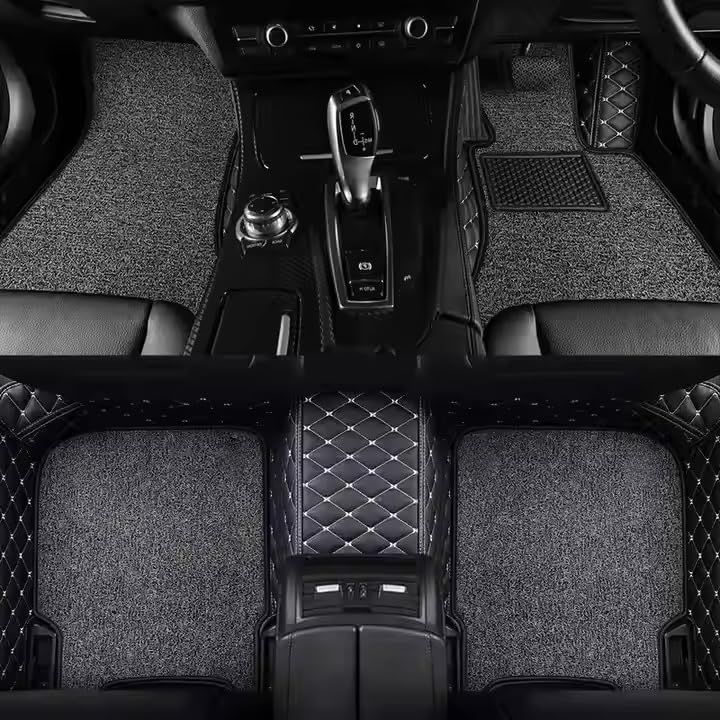 Faux Leather, Nylon 7D Car Floor Mats Compatible with MG Hector 6 Plus Seater, (Black with Beige Stitch)