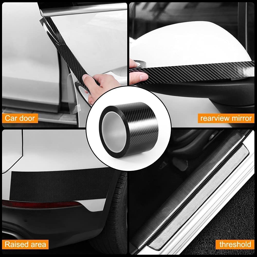 Car Sticker Carbon Fiber Rubber,Entry Guard Protector Strip Car Door Sill Protector,Bumper Door Guard Scuff Plate Protectors Tape Anti-Scratch Step 5 M Polyvinyl Chloride (Black)