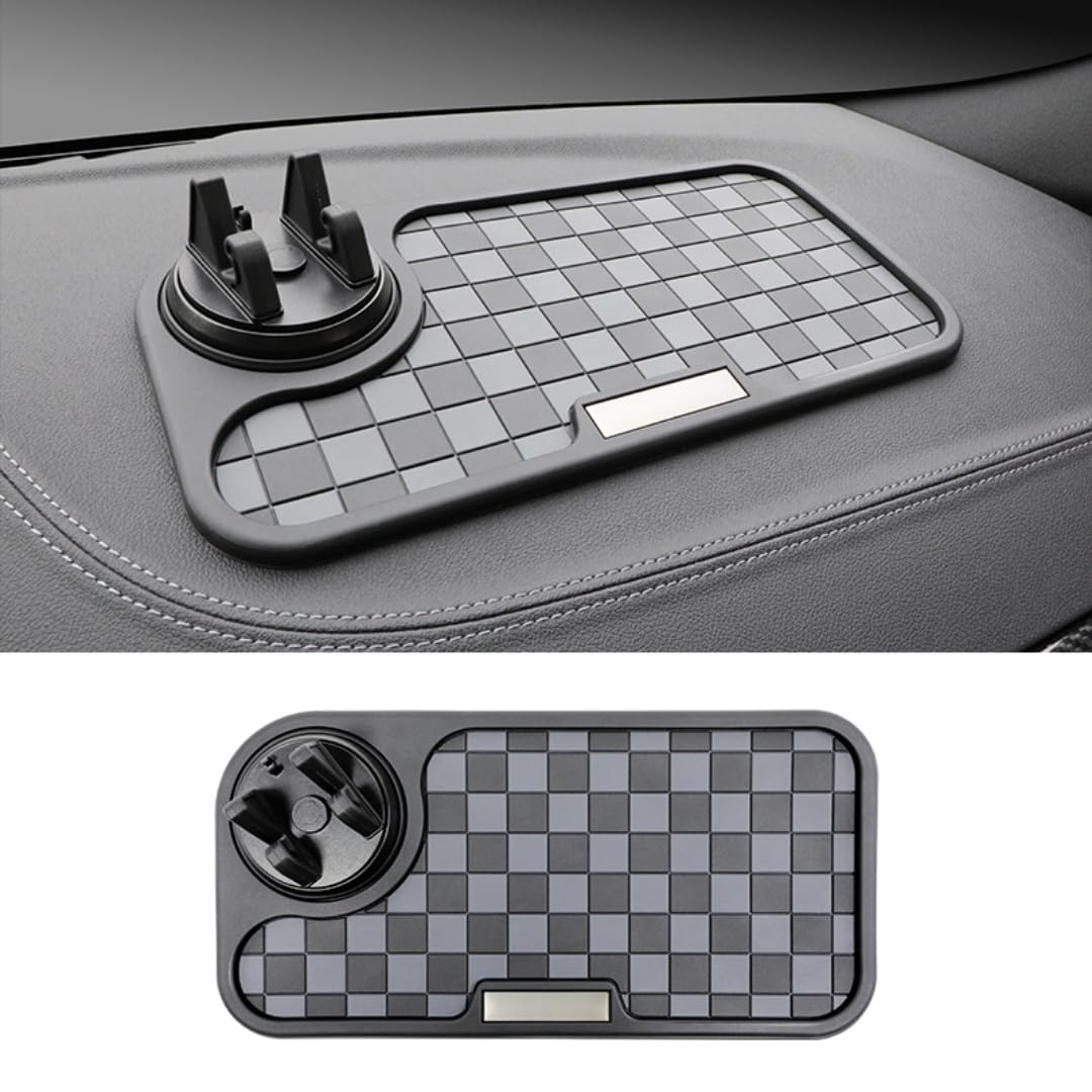 Car Dashboard Non-Slip Mat, Universal Rubber Pad with Phone Holder, Checkerboard Design - (Black/Grey)