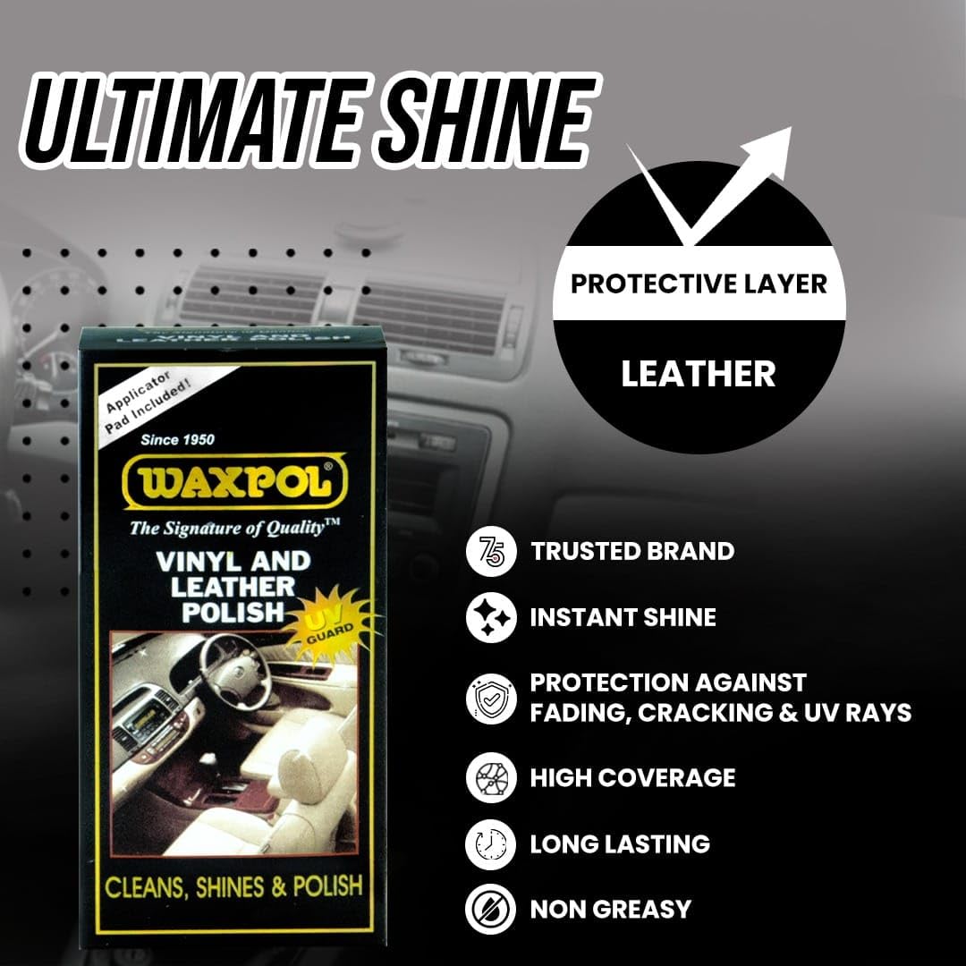 Waxpol Vinyl & Leather Polish 125 ml For Cleaning, Shine & Protection for Car & Bike Seats, Dashboard, Leather Goods ,Jacket, Handbag, Wallet, Belt
