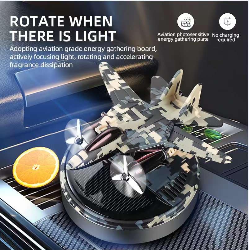 Solar Car Air Freshener, Fighter Jet Design, Camouflage Pattern, Aluminium Alloy Construction, Natural Fragrance Diffuser | Runs without battery