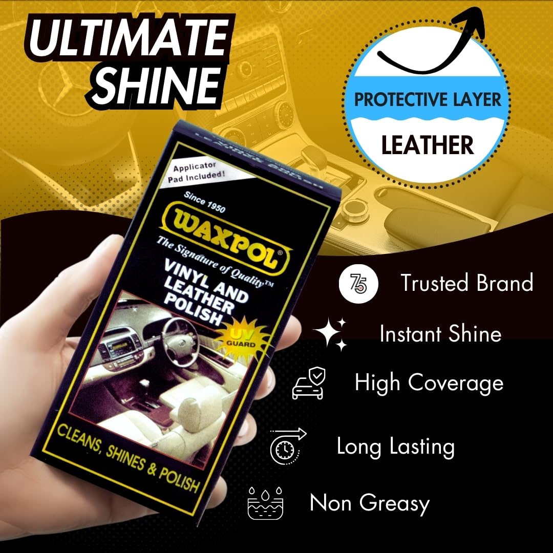 Waxpol Vinyl & Leather Polish 125 ml For Cleaning, Shine & Protection for Car & Bike Seats, Dashboard, Leather Goods ,Jacket, Handbag, Wallet, Belt