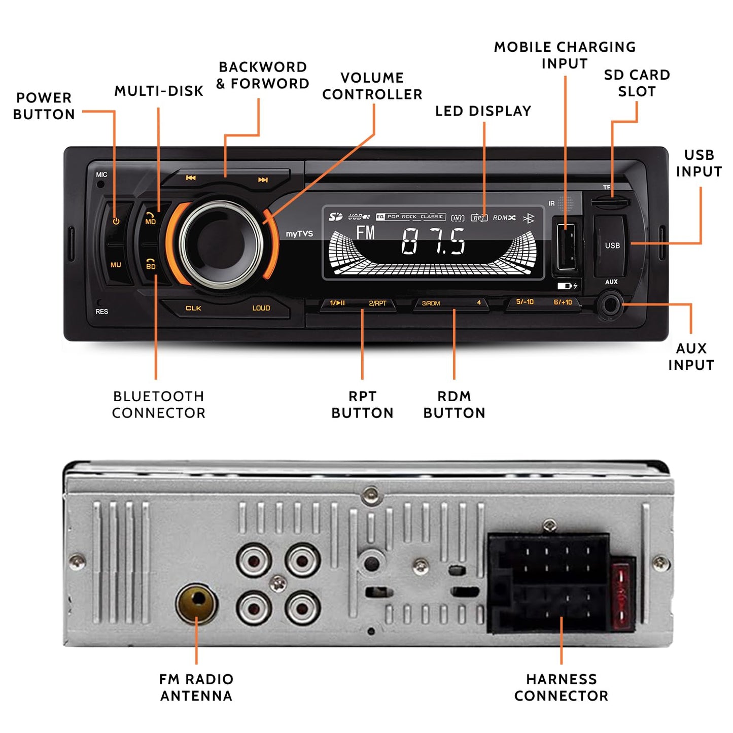 myTVS Universal Single DIN MP3 Media Player for All Cars | Car Music Player with Bluetooth| Car Stereo System (Music & Charging), AUX in, FM, Hands Free Calling & Remote Control