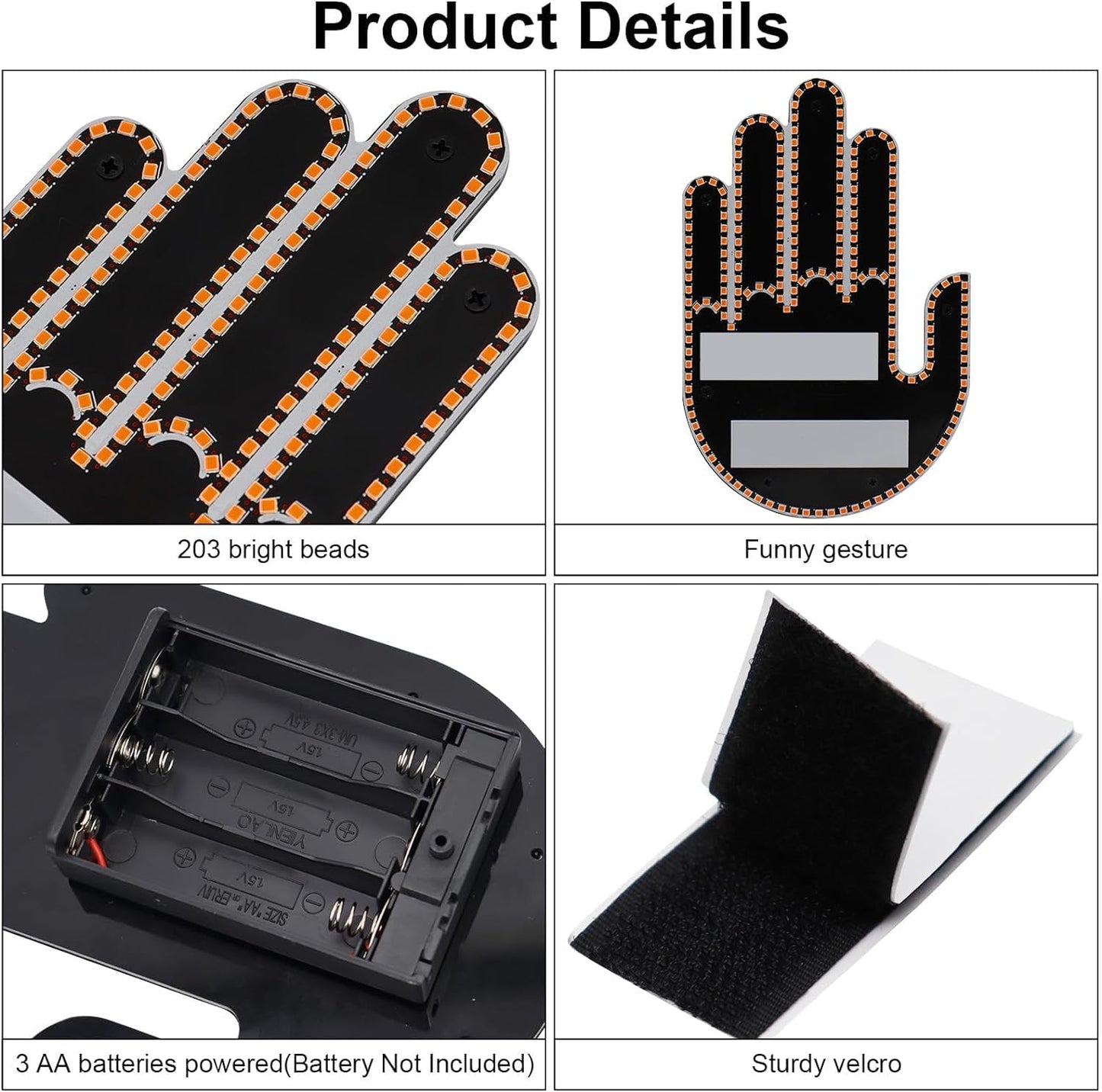 LED 3 in 1 Finger Hand Gesture with Wireless Remote Control, Light-Up Palm Design, for All Cars, Vans & Trucks
