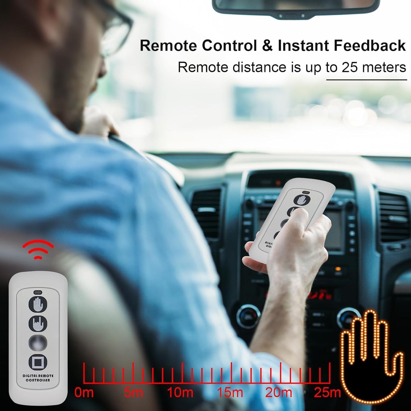 LED 3 in 1 Finger Hand Gesture with Wireless Remote Control, Light-Up Palm Design, for All Cars, Vans & Trucks