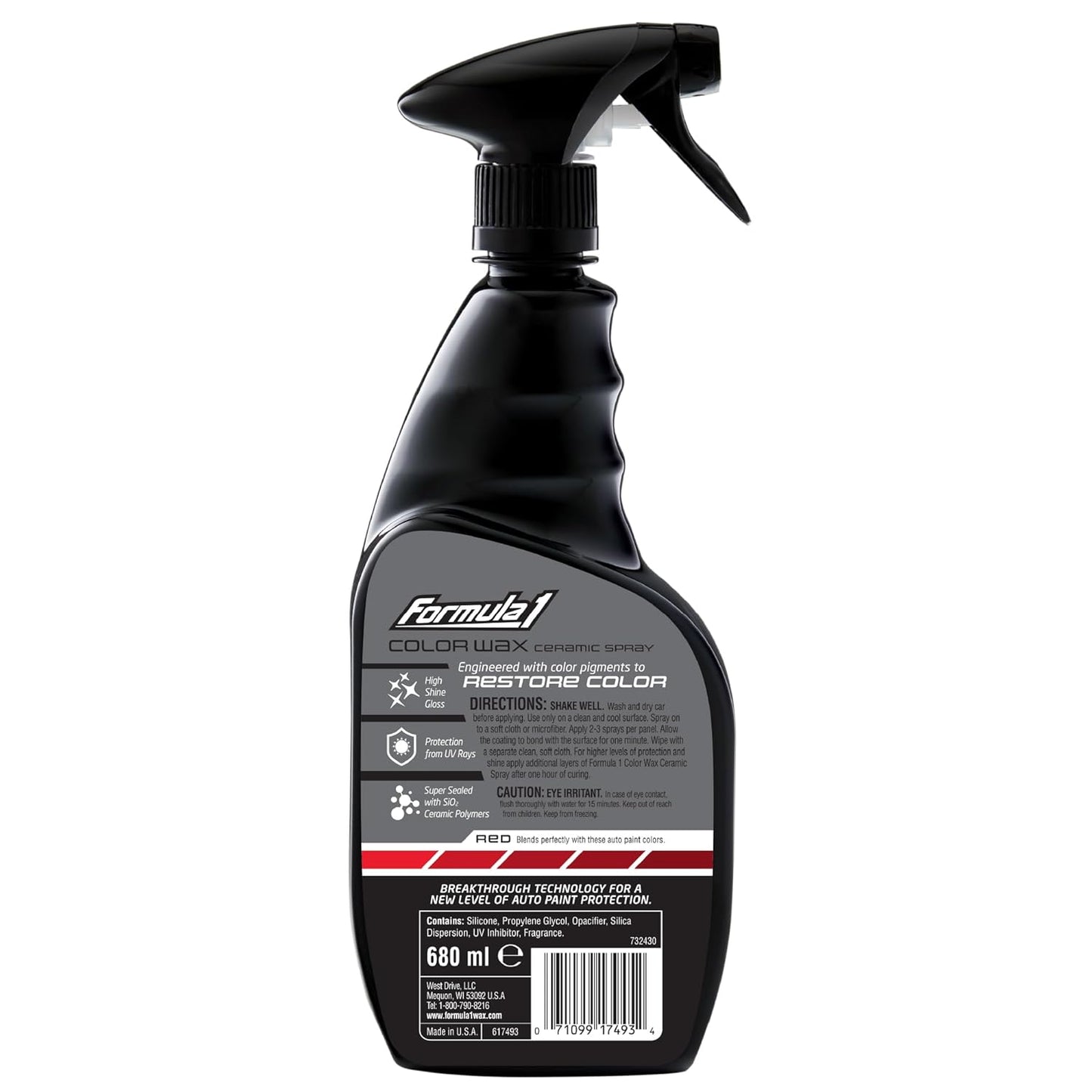Formula 1 Ceramic Color Spray Wax for Red Cars – 680 ml | Enhances Red Paint Shine & Protection