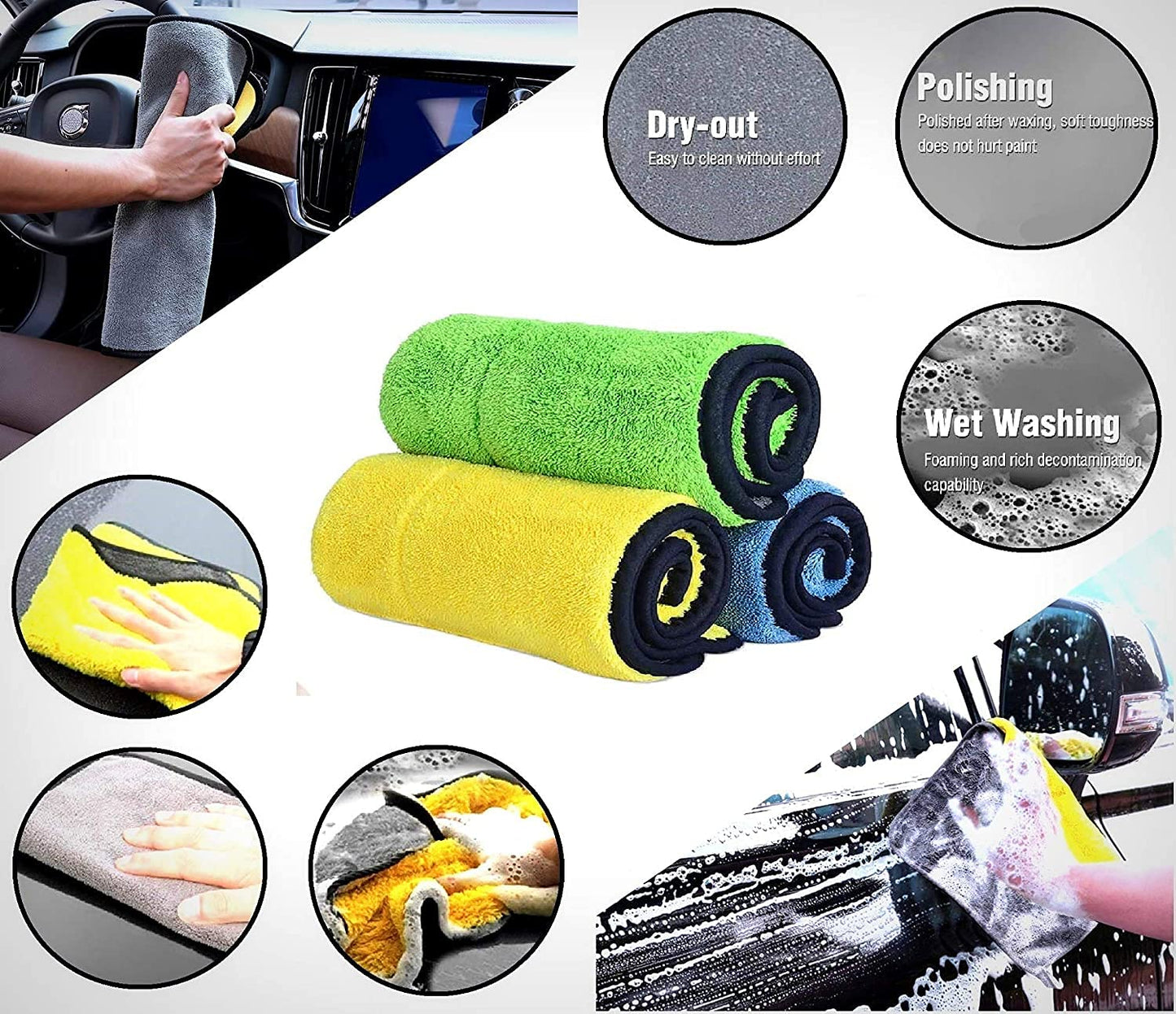 NH ONE Heavy Microfiber Cloth (800 GSM) For Car Cleaning And Detailing, Double Sided, Extra Thick Plush Microfiber Towel Lint-Free | Pack Of 3 | Color: Mix | Multi Color