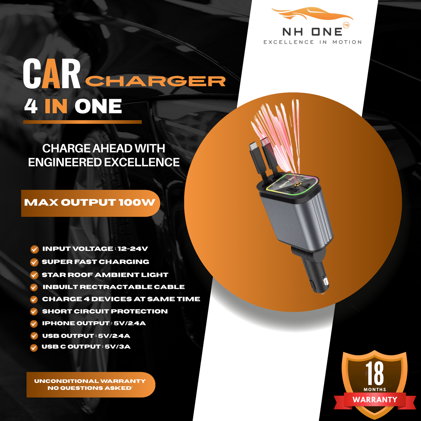 NH ONE 4-in-1 Fast Car Charger, 100W Max Output with Starlight Projector