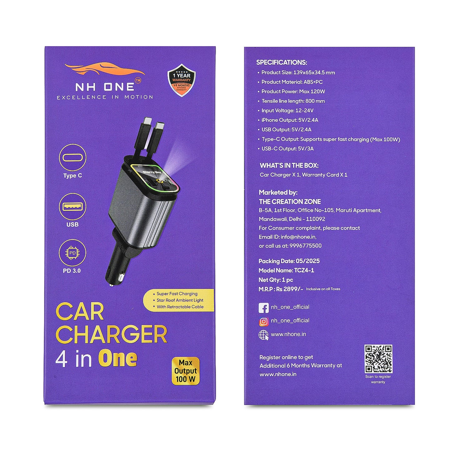 NH ONE 4-in-1 Fast Car Charger, 100W Max Output with Starlight Projector