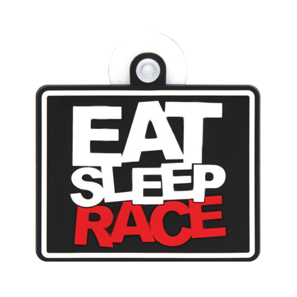 Eat Sleep Race car window sign black and red suction cup mount for car window decorative racing style accessory for automotive enthusiasts and car interiors