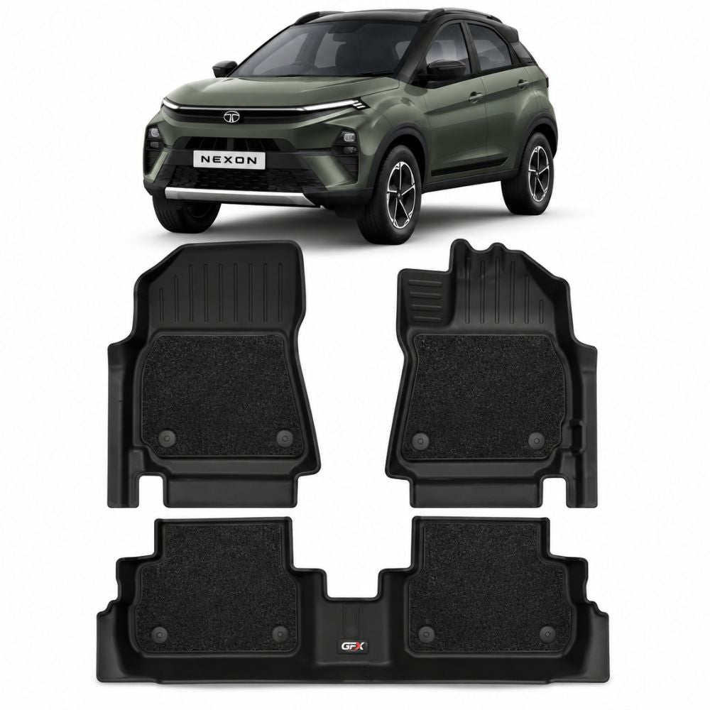 GFX Life Long PRO Custom Fit Floor Mat for Tata Nexon 2nd Gen 2023 Onwards and Nexon EV 2nd Gen 2023 Onwards | Automatic | Set of 3 | Black | Made in India