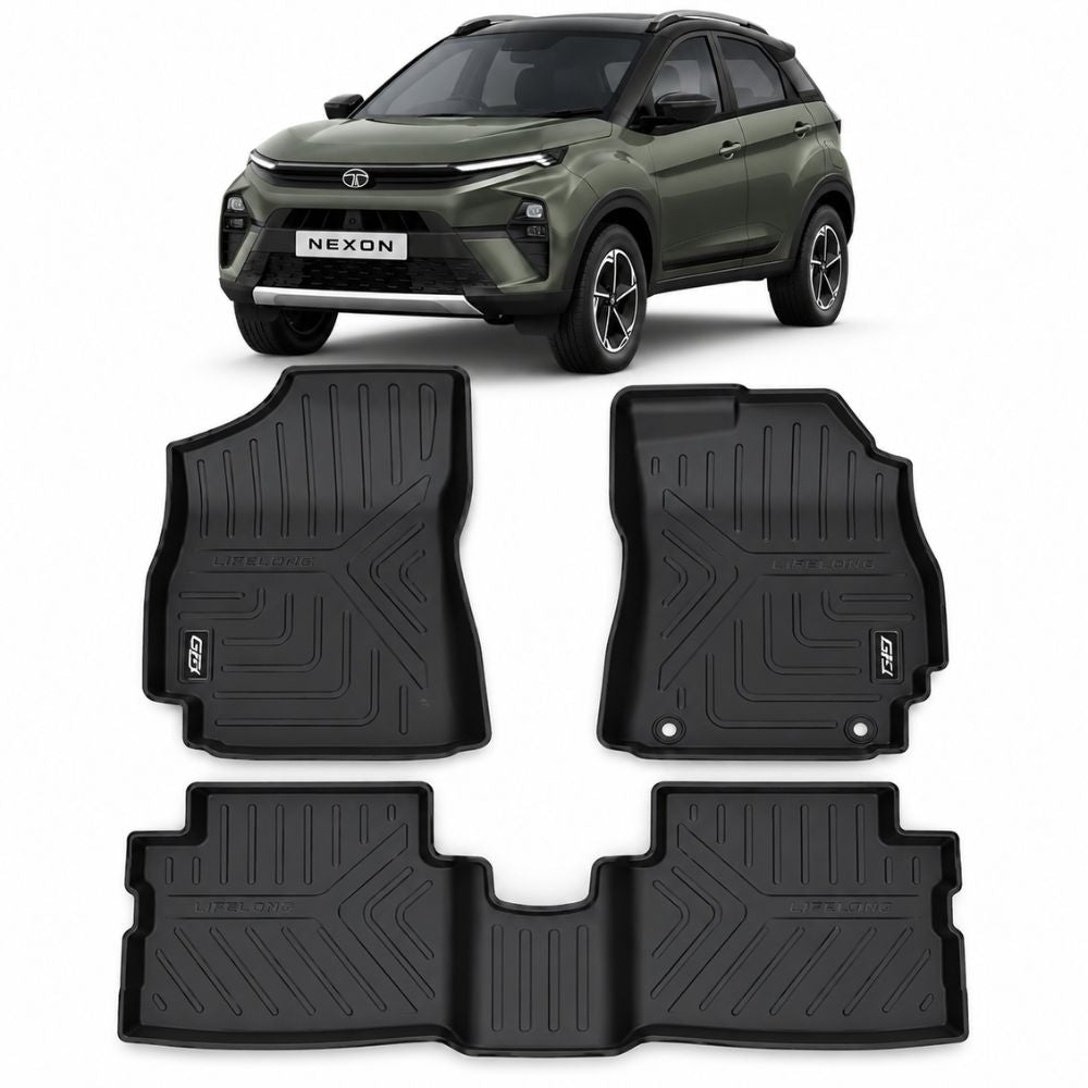 GFX LLM LifeLong Custom Fit TPV Floor Mat for Tata Nexon 2nd Gen 2023 Onwards and Nexon EV 2nd Gen 2023 Onwards | Manual | Set of 3 | Black | Made in India