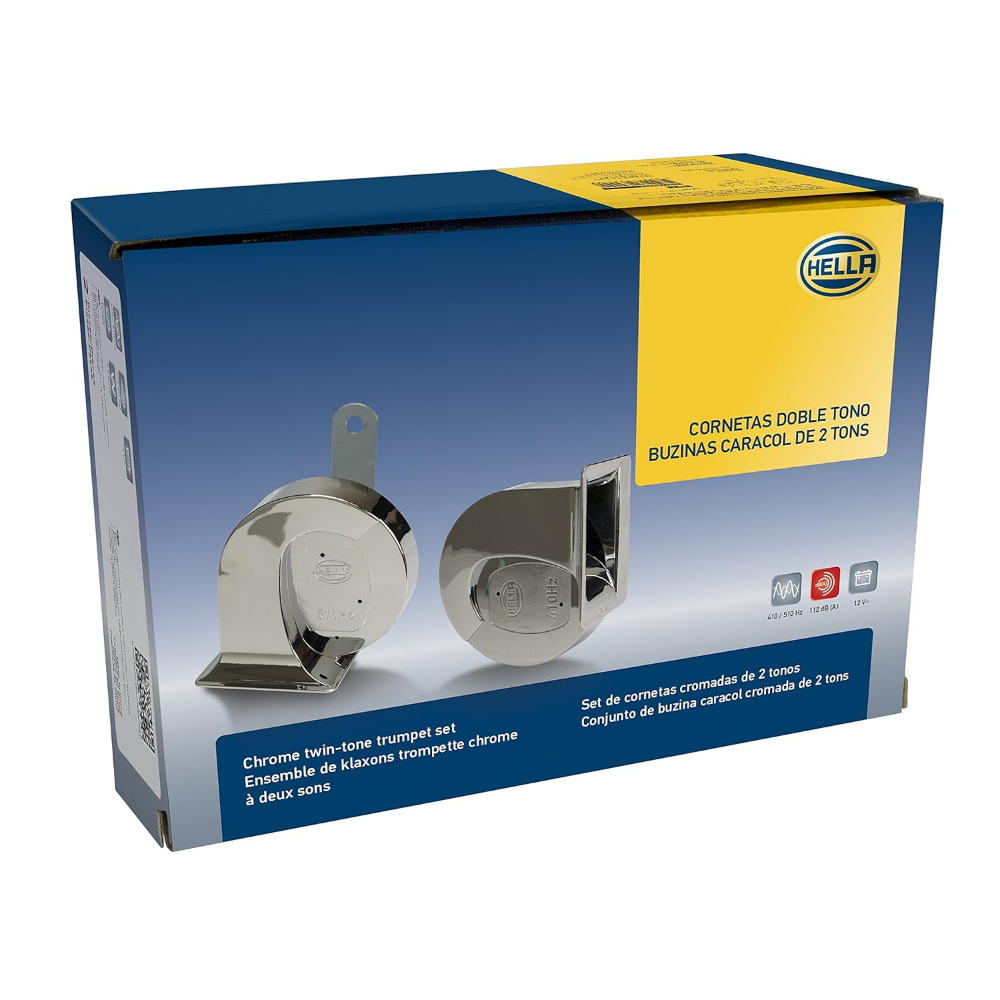 Hella Chrome Trumpet Horn Set (12V, 400/500 Hz, 105–118 dB @ 2m) – Premium Sound for Your Car