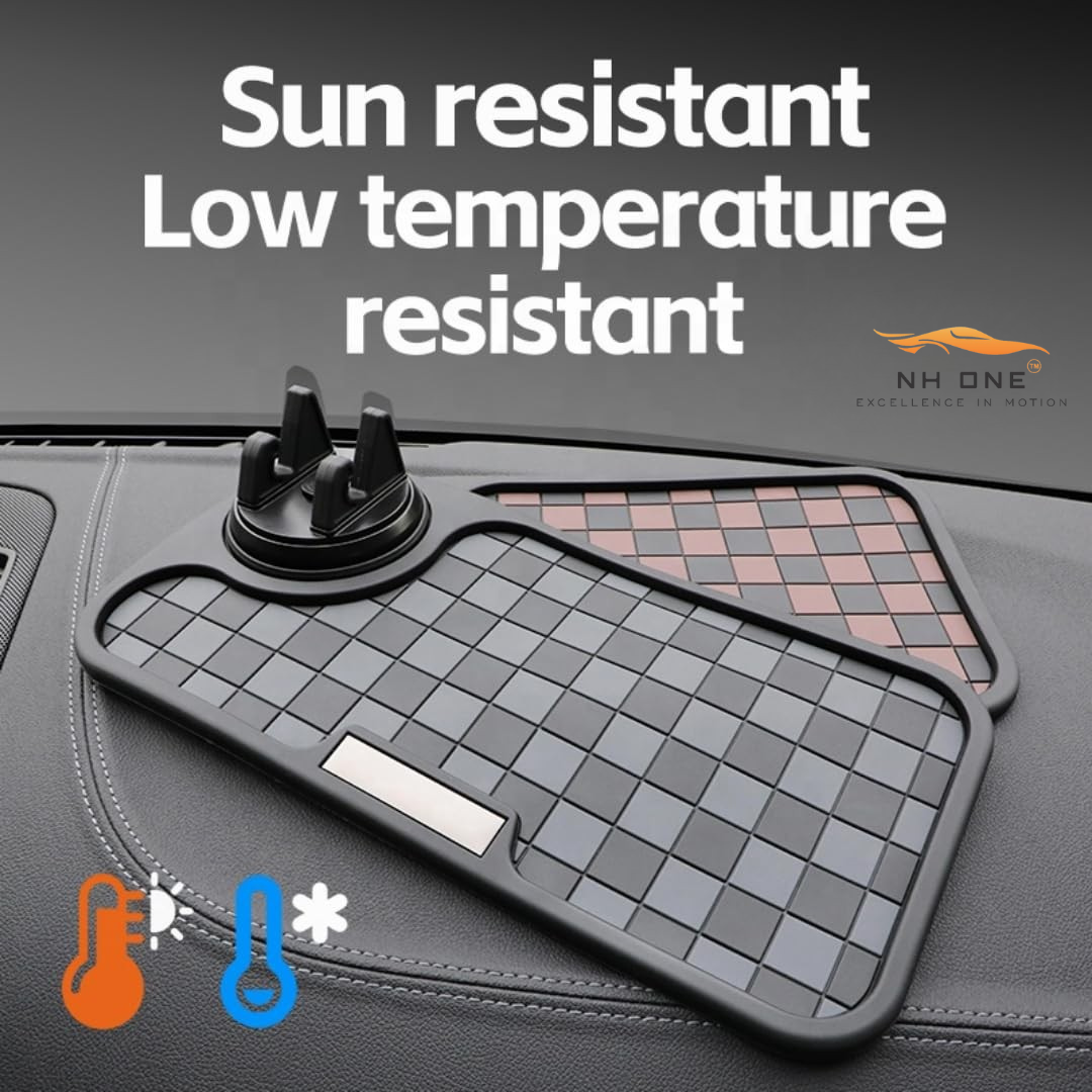 Car Dashboard Non-Slip Mat, Universal Rubber Pad with Phone Holder, Checkerboard Design - (Black/Grey)
