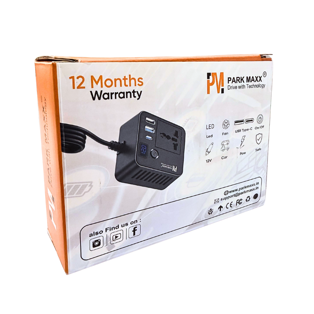 Park Maxx PM-CI-381 220W Car Inverter – DC 12V to AC 220V | Fast Charging with PD & QC 3.0