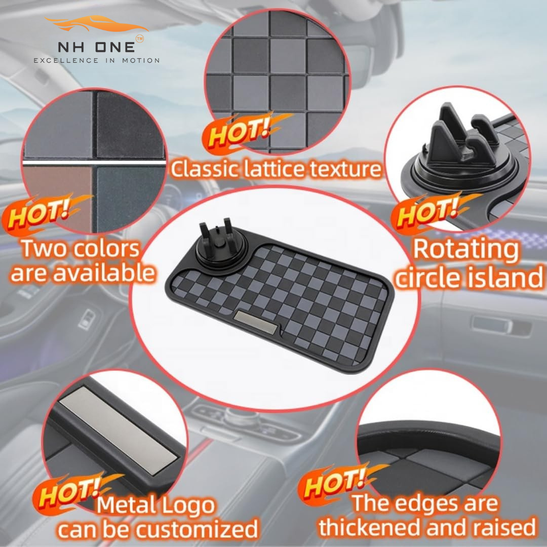 Car Dashboard Non-Slip Mat, Universal Rubber Pad with Phone Holder, Checkerboard Design - (Black/Grey)