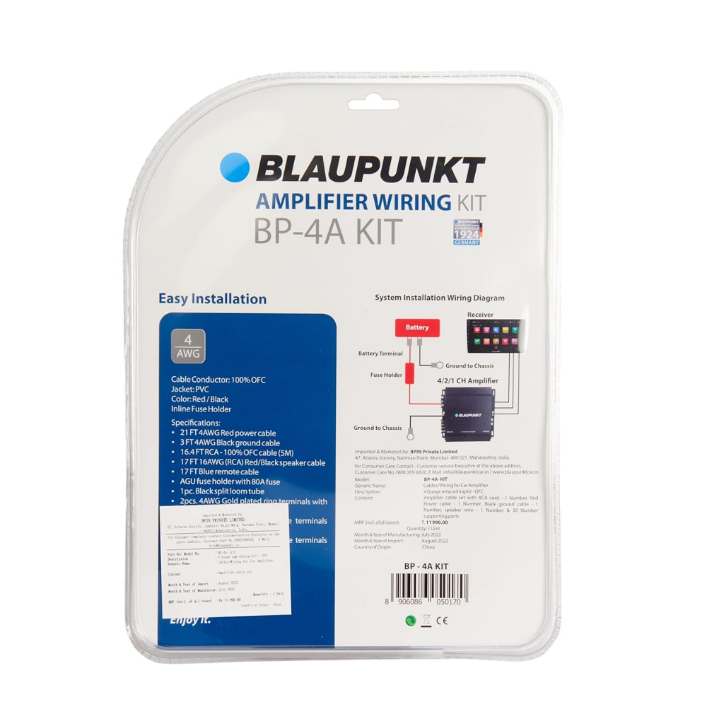 Blaupunkt BP-4AWG Amplifier Wiring Kit – Heavy-Duty 4-Gauge Car Audio Power Cable Set | 100% Oxygen Free Copper (OFC)