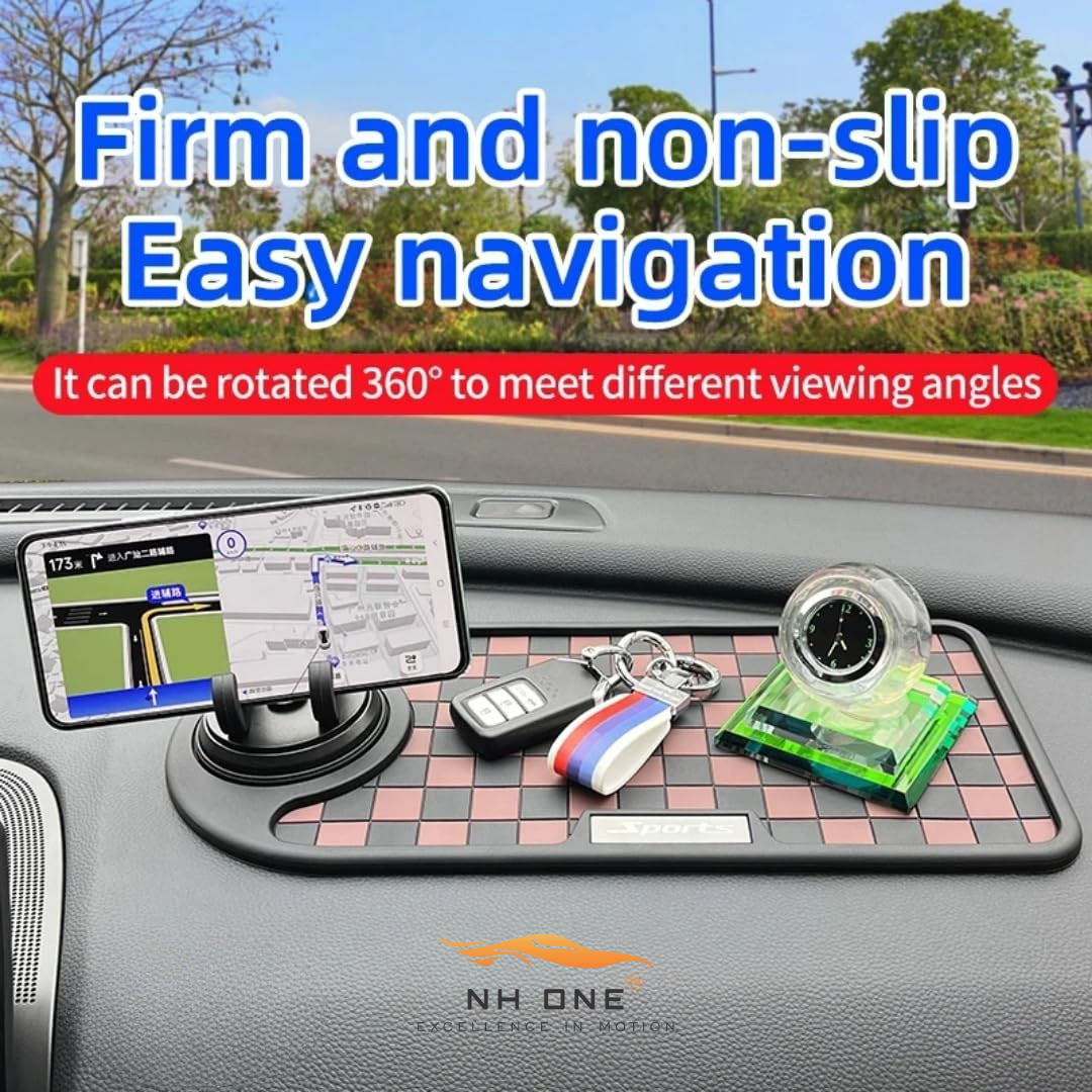 Car Dashboard Non-Slip Mat, Universal Rubber Pad with Phone Holder, Checkerboard Design - (Black/Grey)