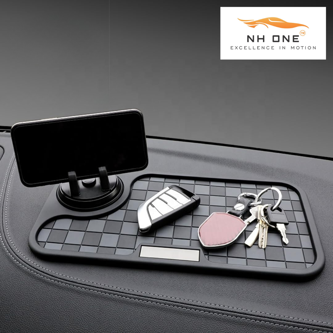 Car Dashboard Non-Slip Mat, Universal Rubber Pad with Phone Holder, Checkerboard Design - (Black/Grey)
