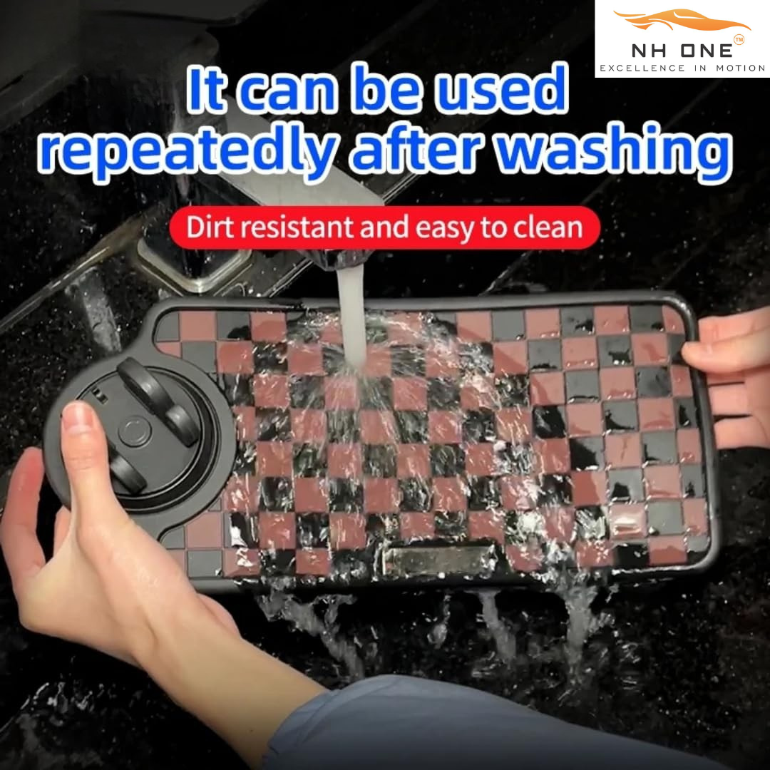 Car Dashboard Non-Slip Mat, Universal Rubber Pad with Phone Holder, Checkerboard Design - (Black/Grey)