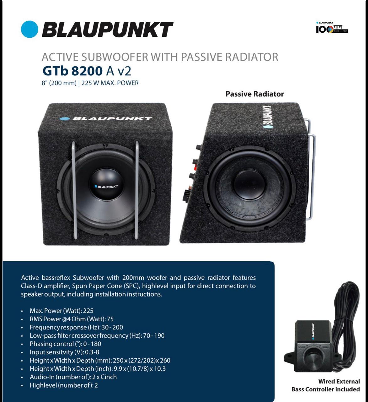 Blaupunkt GTb 8200 A v2 Active Subwoofer with Passive Radiator | 8" Powered Bass Tube | 225W Max Power