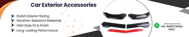 Car exterior accessories including door visors side beadings and mirror covers displayed together