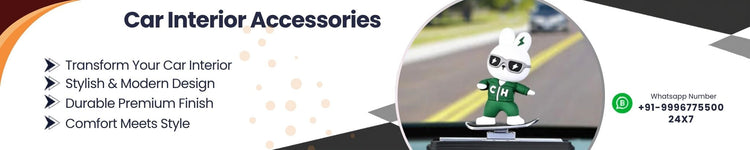 Car interior with ambient lighting seat covers and decorated dashboard accessories