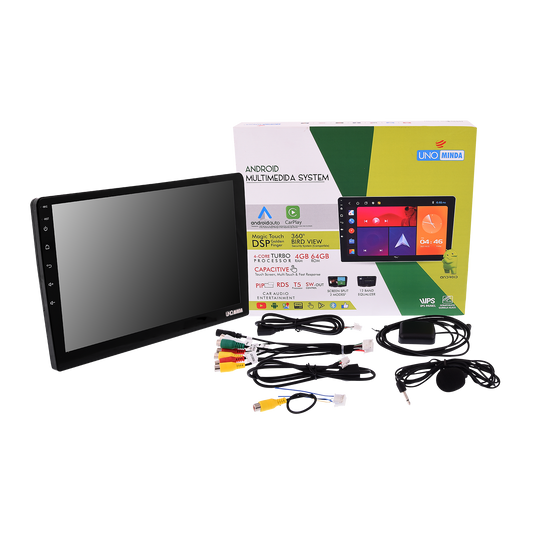 UNO Minda  | 10-Inch Android Multimedia Player | 4GB RAM, 64GB ROM | Wireless Apple CarPlay & Android Auto | 360° Camera Controller | Universal Fit