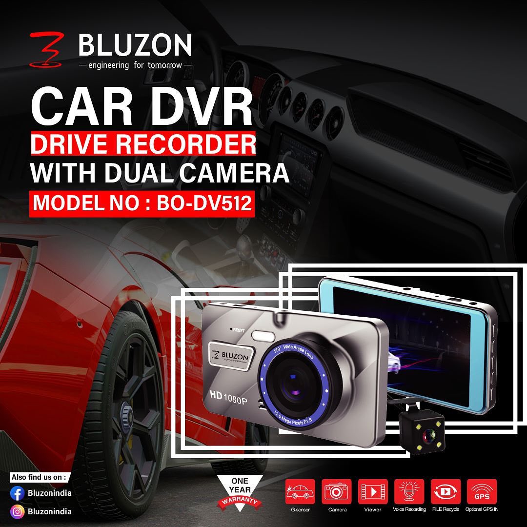 Bluzon BO-DV512 Full Touch Dashcam | Front & Rear | Full HD 1080P | Voice Recording | Loop Recording