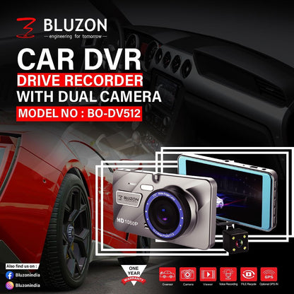 Bluzon BO-DV512 Full Touch Dashcam | Front & Rear | Full HD 1080P | Voice Recording | Loop Recording