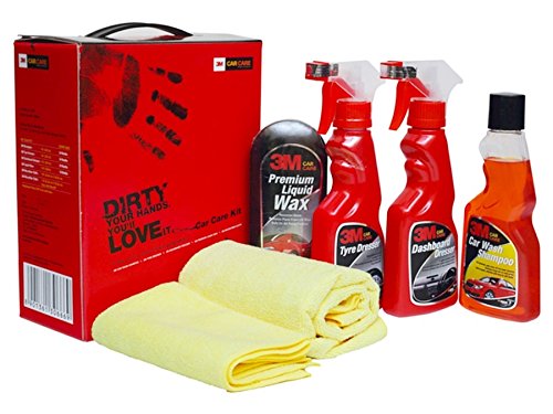 3M large car care kit all in one pack including car shampoo tyre dresser dashboard dresser liquid wax and microfiber cloth for complete vehicle cleaning and protection