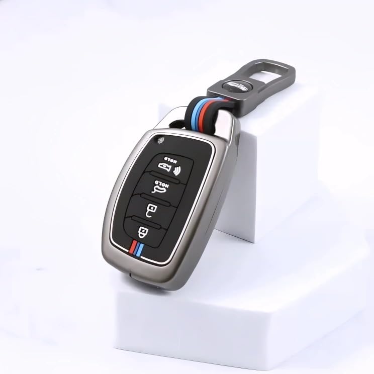Premium Metal Key Cover Case with Keychain for Hyundai Venue, Creta, I-20, Elantra, Tucson Smart Key, 4-Button, Metallic Grey