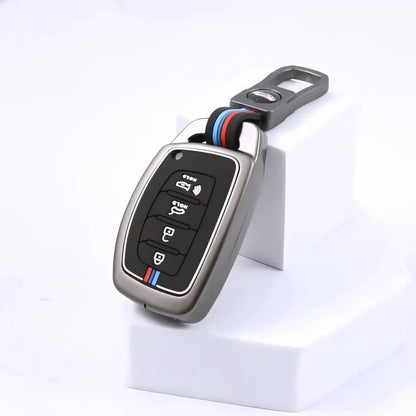 Premium Metal Key Cover Case with Keychain for Hyundai Venue, Creta, I-20, Elantra, Tucson Smart Key, 4-Button, Metallic Grey