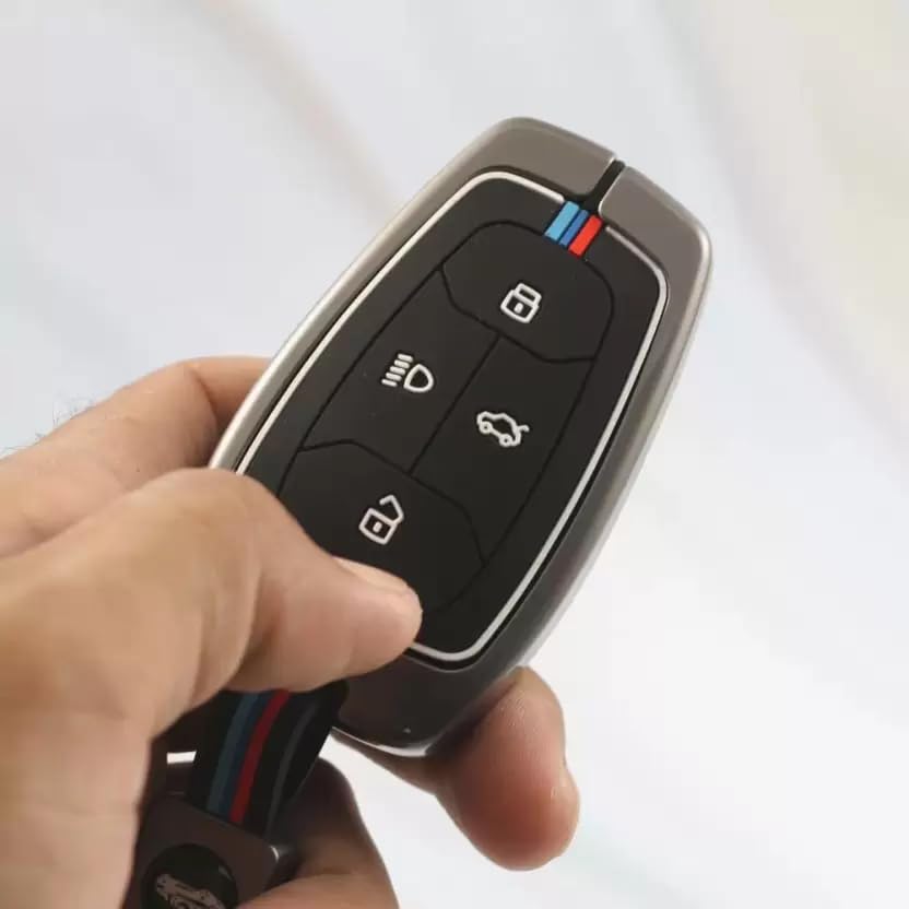 Metal Key Cover for Tata Car , 4-Button Smart Key Case with Metal Body and Keychain, Compatible with Nexon, Harrier, Safari, Punch, Altroz, Curvv, EV Models