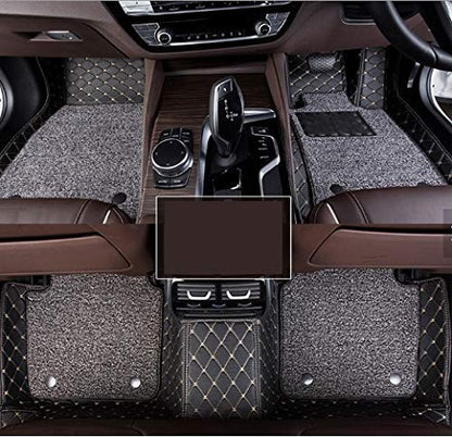 Faux Leather, Nylon 7D Car Floor Mats Compatible with TATA Safari 7 Seater (2021-2022), (Black with Grey Stitch)