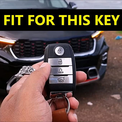 Premium Key Cover Case for Kia Sonet, Seltos 2020, Carens, 4-Button Smart Key, Metal Shell with Silicone Protection