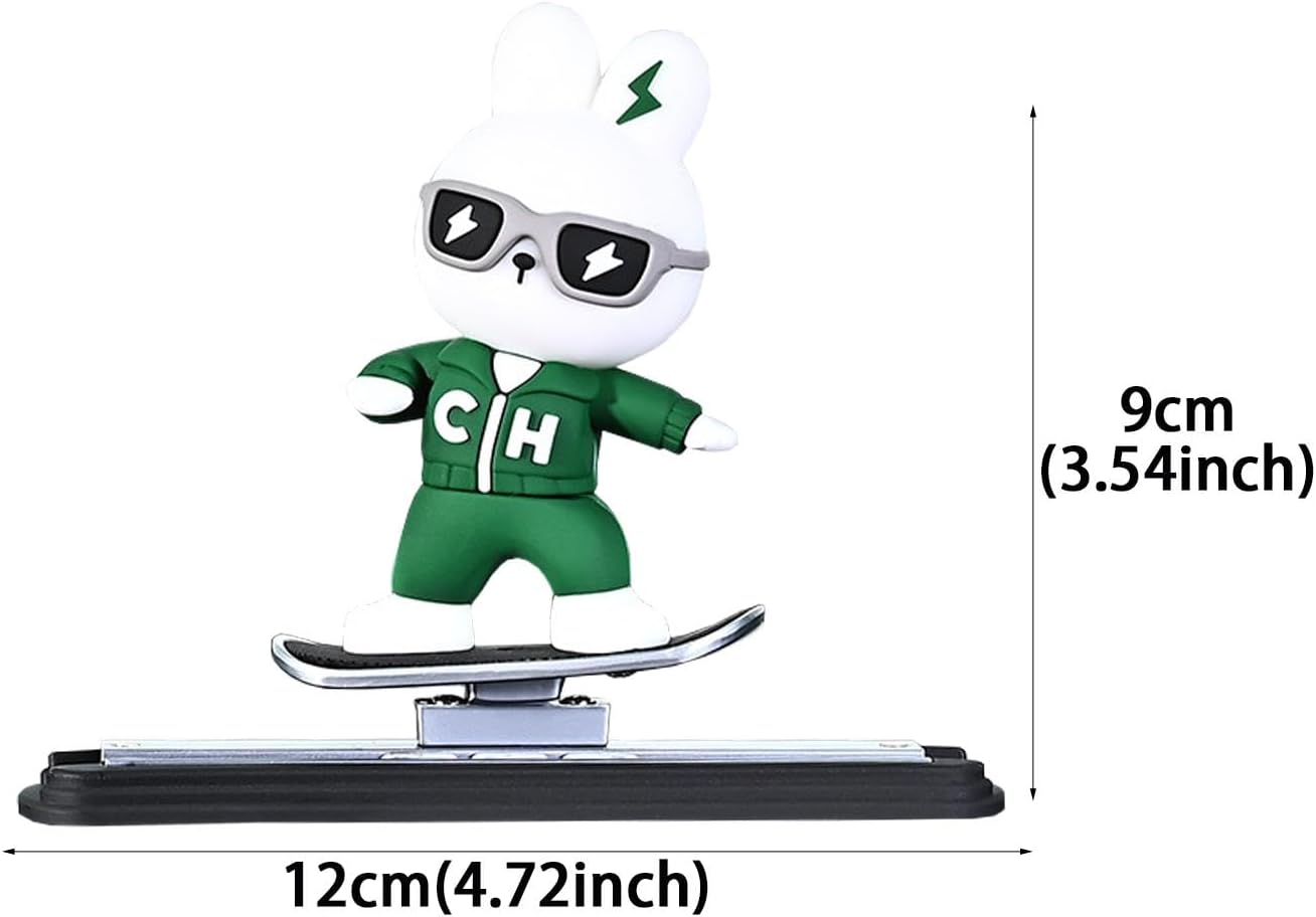 Car Dashboard Decorative Skateboarding Bunny Figure, 9 cm Height, Green and White