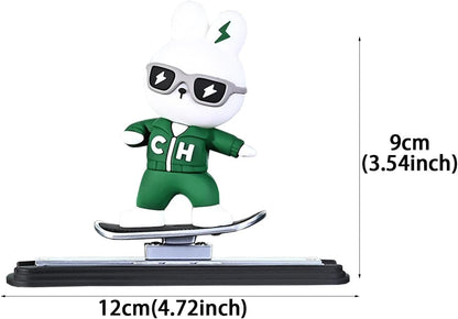 Car Dashboard Decorative Skateboarding Bunny Figure, 9 cm Height, Green and White