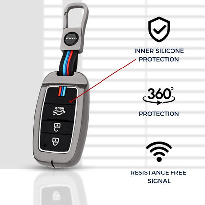 Premium Zinc Alloy Key Cover for Kia Sonet, Carens, Seltos, 3-Button Smart Key, 360° Protection with Inner Silicone