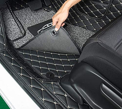 Faux Leather, Nylon 7D Car Floor Mats Compatible with TATA Safari 7 Seater (2021-2022), (Black with Grey Stitch)