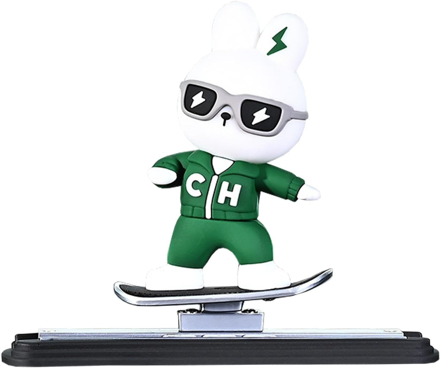 Car Dashboard Decorative Skateboarding Bunny Figure, 9 cm Height, Green and White