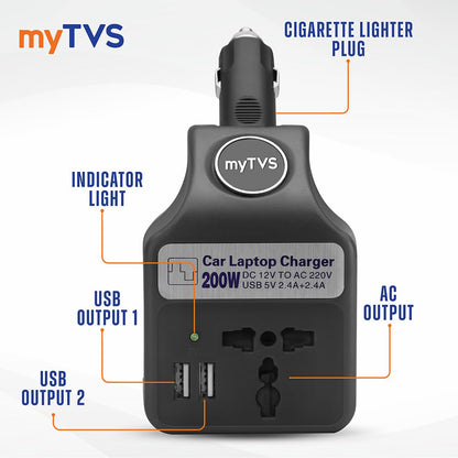 myTVS 200W Car Laptop and Mobile Charger | Power Inverter DC to AC Converter| Portable Car Charger with 2 Years Warranty| 3 in 1 Charger | Fast Charging