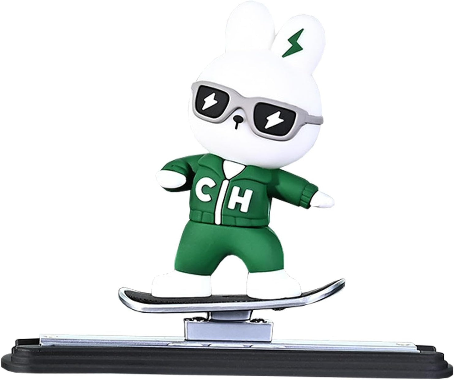 Car Dashboard Decorative Skateboarding Bunny Figure, 9 cm Height, Green and White