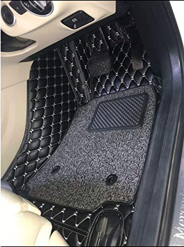 Faux Leather, Nylon 7D Car Floor Mats Compatible with TATA Safari 7 Seater (2021-2022), (Black with Grey Stitch)