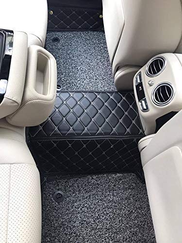 Faux Leather, Nylon 7D Car Floor Mats Compatible with TATA Safari 7 Seater (2021-2022), (Black with Grey Stitch)