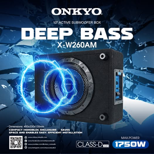 Onkyo X-W260AW 10″ Active Subwoofer Box | 250W RMS | 1750W Max Power | Built-In Amplifier