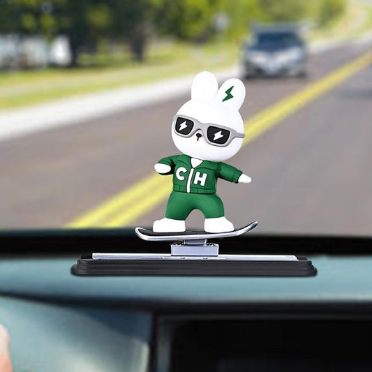 Car Dashboard Decorative Skateboarding Bunny Figure, 9 cm Height, Green and White